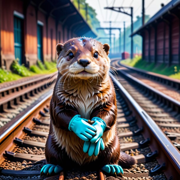 Photo of a otter in a gloves on the railway tracks