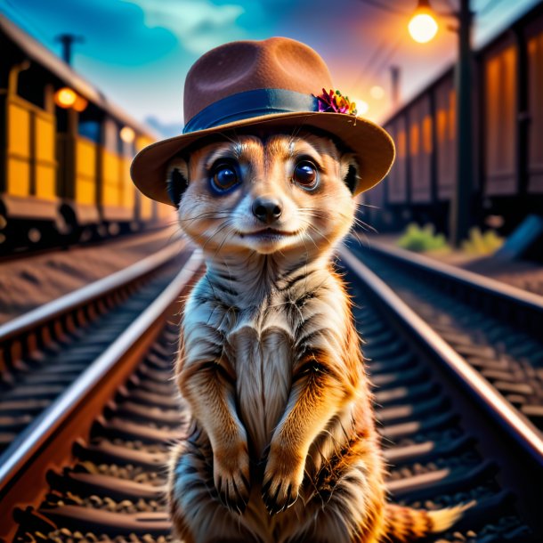 Picture of a meerkat in a hat on the railway tracks