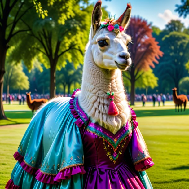 Photo of a llama in a dress in the park