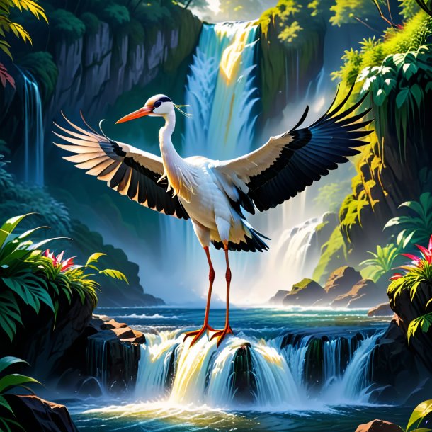 Illustration of a stork in a vest in the waterfall