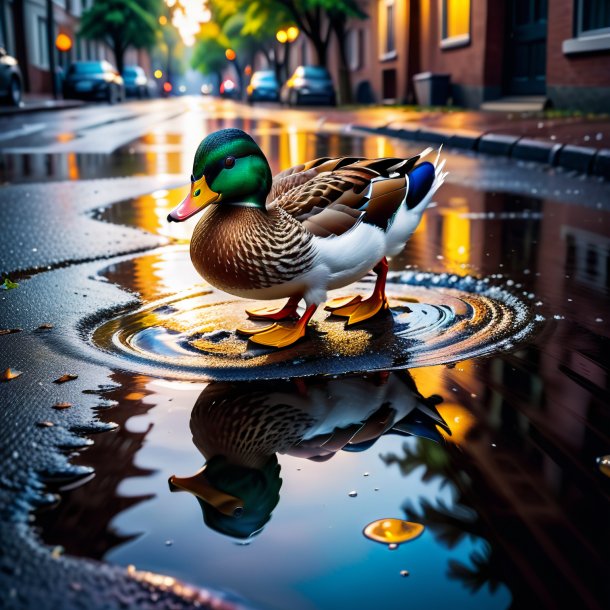 Uma foto de um pato em um sapatos na poça