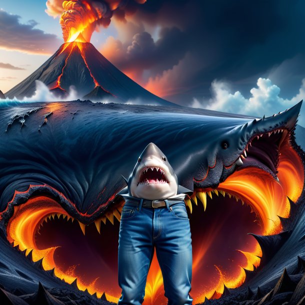 Photo of a shark in a jeans in the volcano