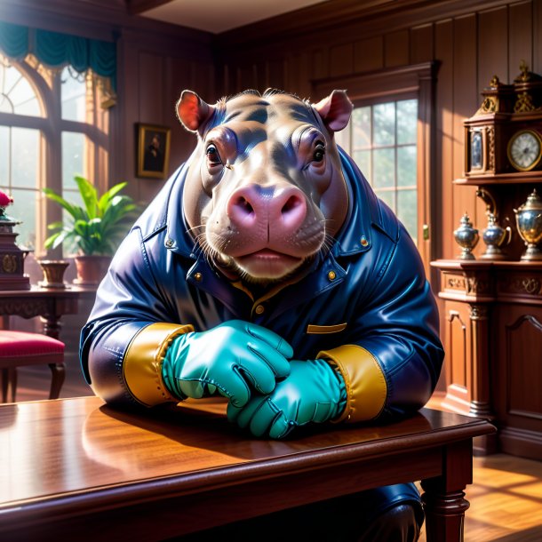 Photo of a hippopotamus in a gloves in the house