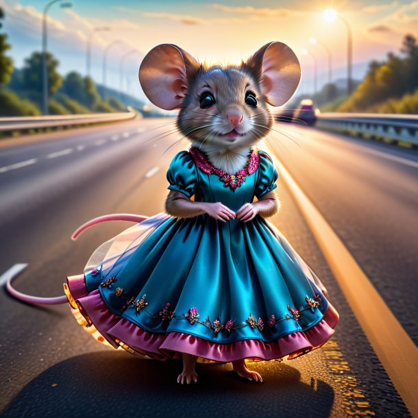 Photo of a mouse in a dress on the highway