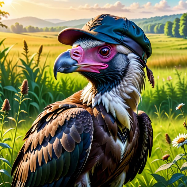 Drawing of a vulture in a cap in the meadow