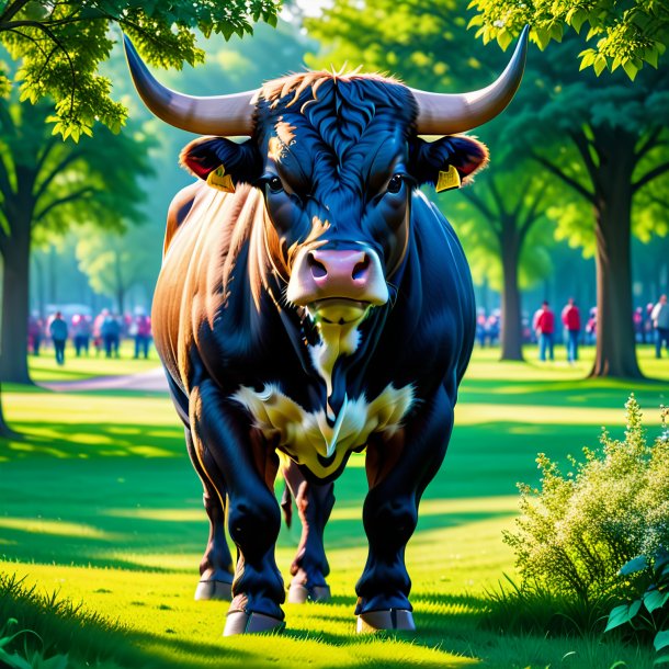 Photo of a bull in a jeans in the park