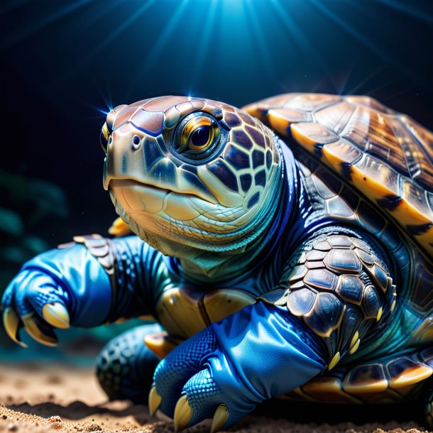 Photo of a turtle in a blue gloves