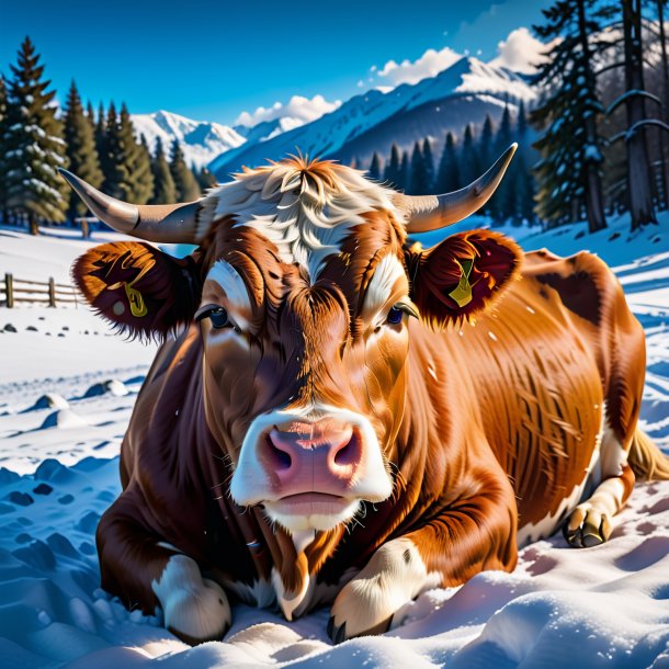 Uma foto de um sono de uma vaca na neve