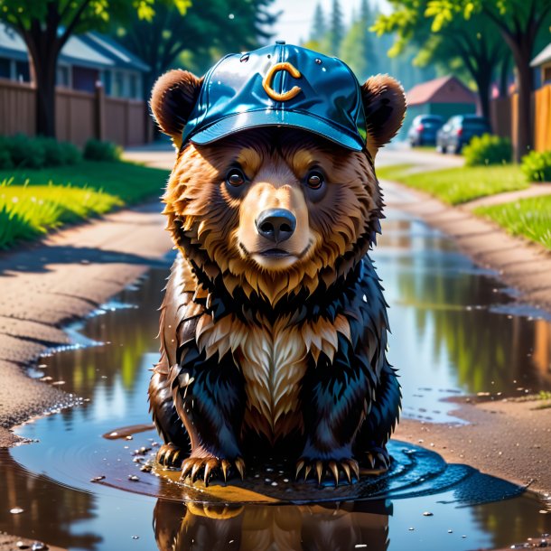 Image of a bear in a cap in the puddle