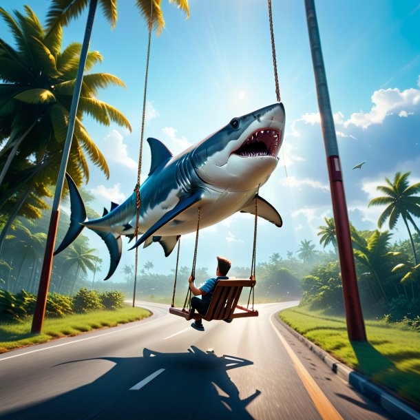 Pic of a swinging on a swing of a hammerhead shark on the road