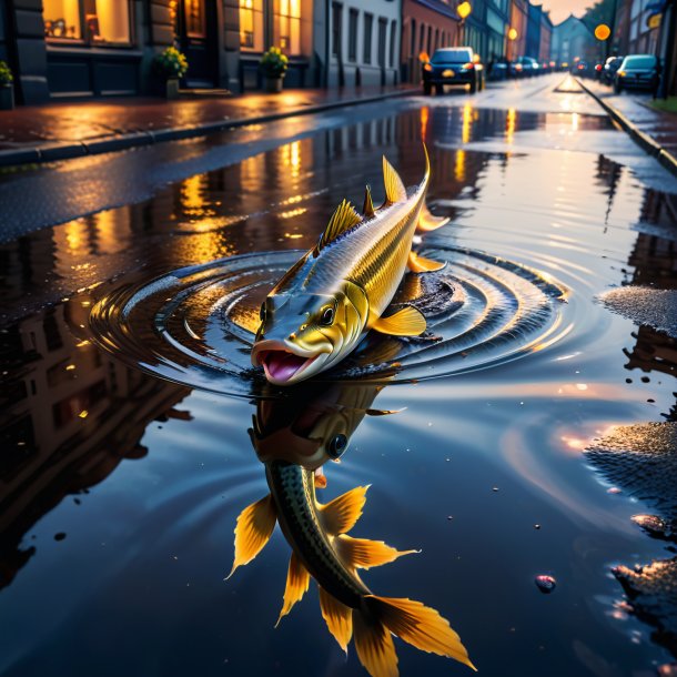 Image of a playing of a pike in the puddle