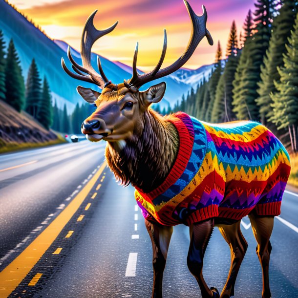 Image d'un wapiti dans un pull sur la route