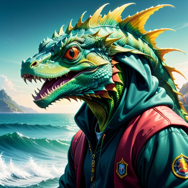 Ilustración de un basilisk en una sudadera con capucha en el mar