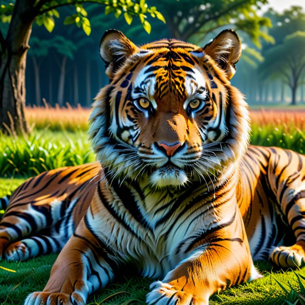 Photo of a resting of a tiger on the field