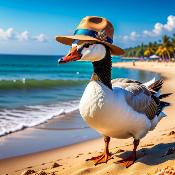 Foto de un ganso en un sombrero en la playa