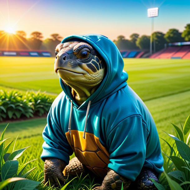 Photo of a tortoise in a hoodie on the field