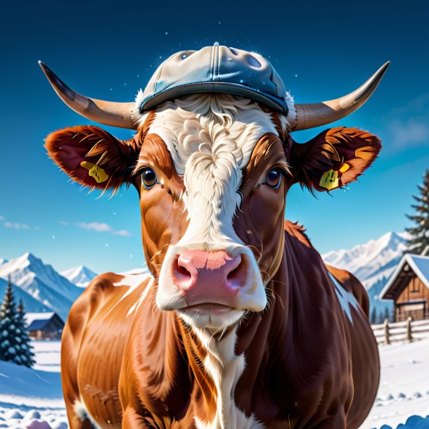 Foto de uma vaca em um boné na neve