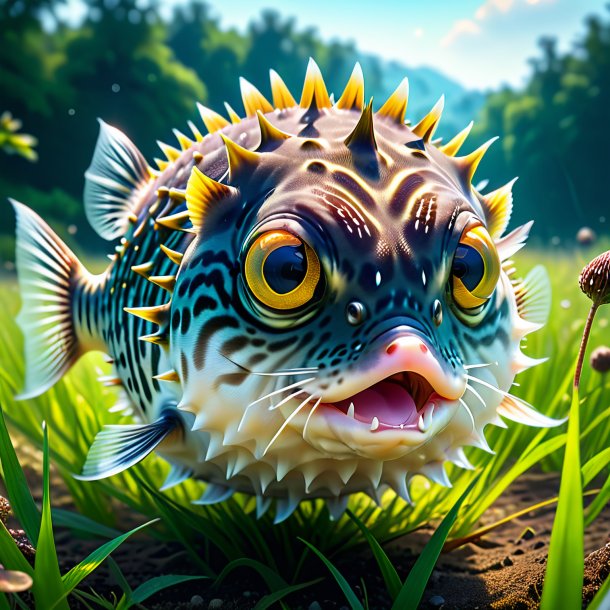 Pic of a threatening of a pufferfish in the meadow