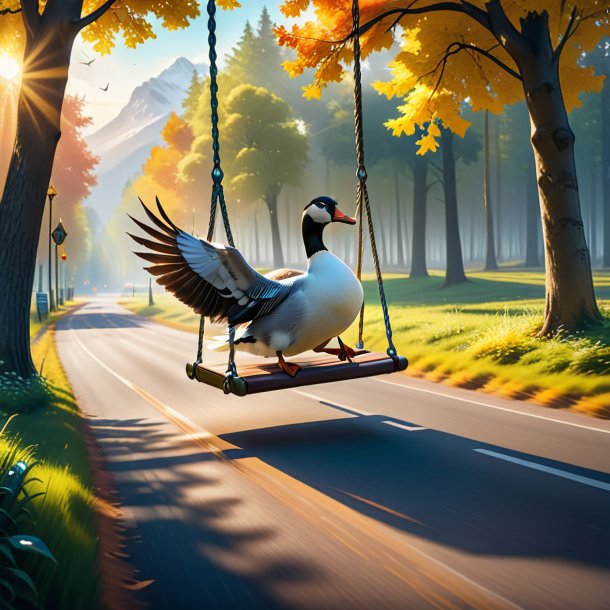 Picture of a swinging on a swing of a goose on the road