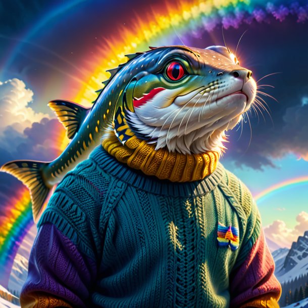 Picture of a pike in a sweater on the rainbow