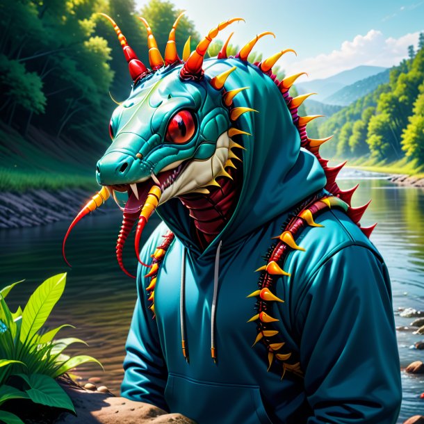 Illustration of a centipede in a hoodie in the river