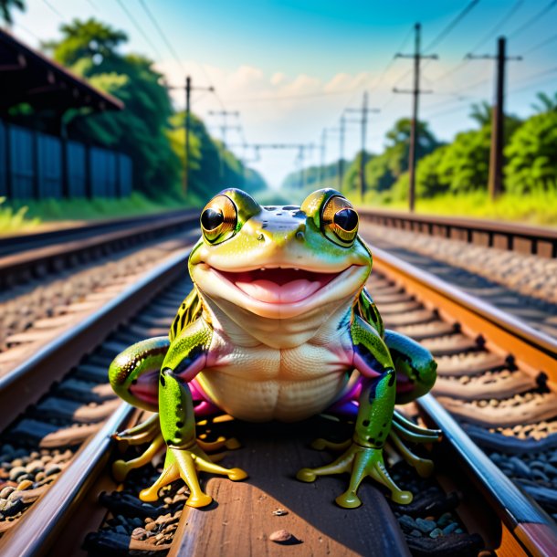 Image of a smiling of a frog on the railway tracks