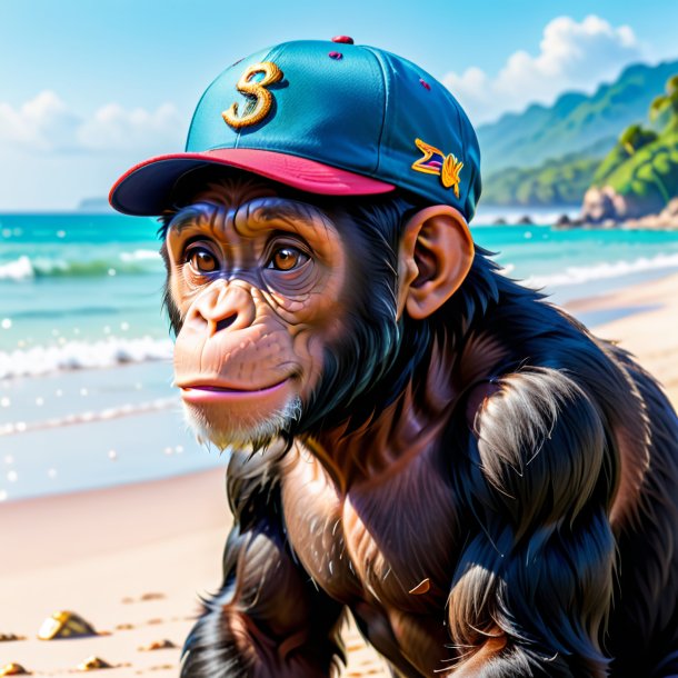 Picture of a chimpanzee in a cap on the beach