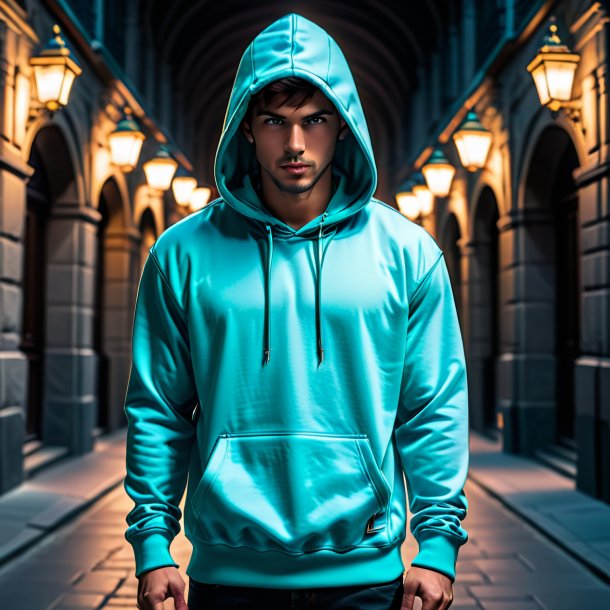 Photographie d'un sweat à capuche cyan de pierre