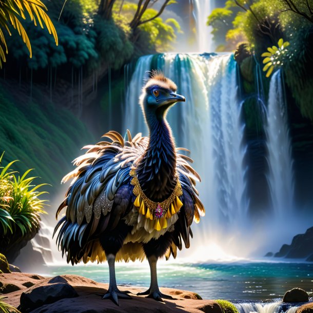 Pic of a emu in a dress in the waterfall