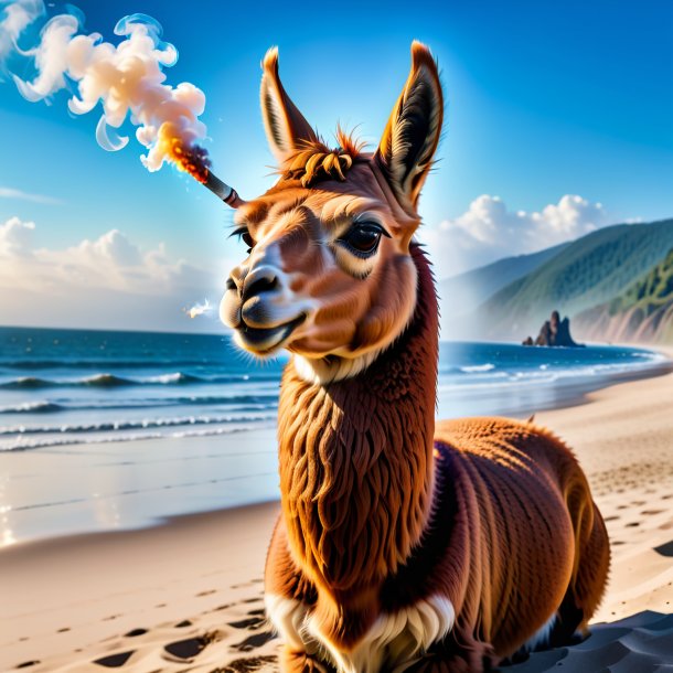 Photo of a smoking of a llama on the beach