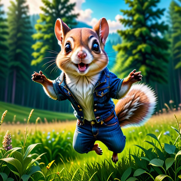 Image of a flying squirrel in a jeans in the meadow