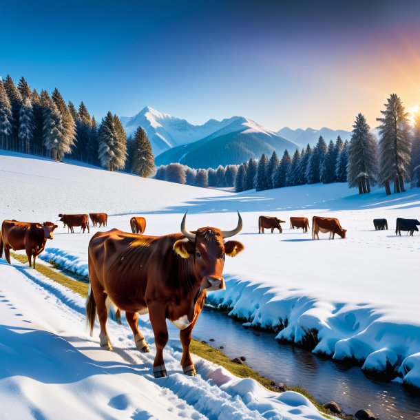 Foto de uma vaca à espera na neve