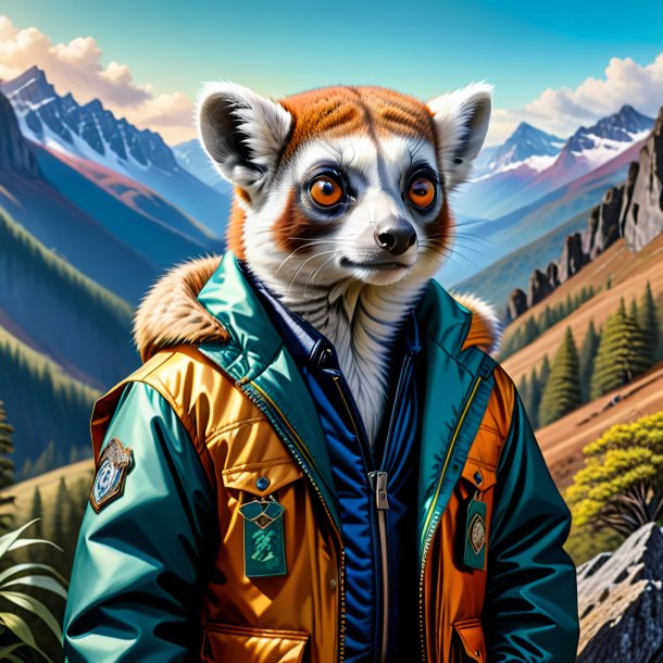 Drawing of a lemur in a jacket in the mountains