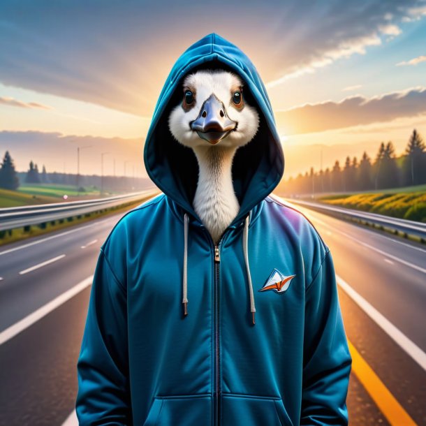 Picture of a goose in a hoodie on the highway