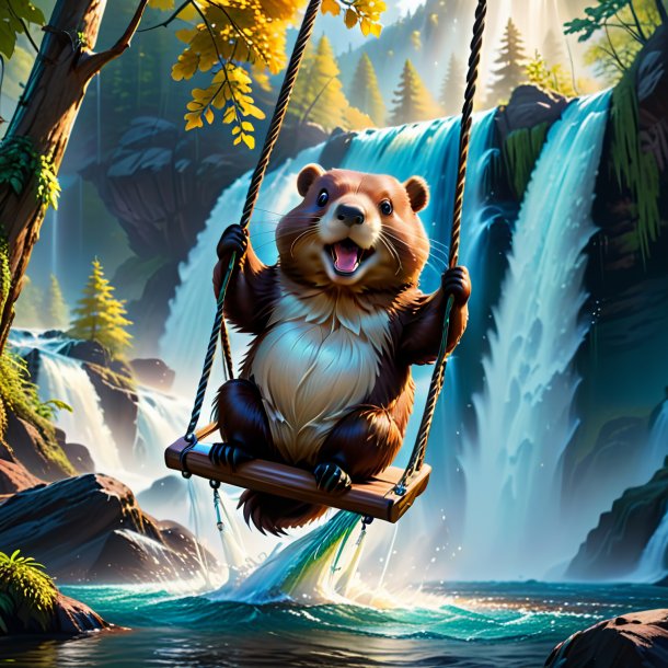 Image of a swinging on a swing of a beaver in the waterfall