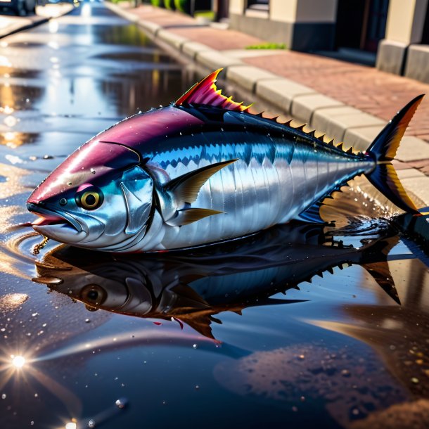 Image of a tuna in a gloves in the puddle