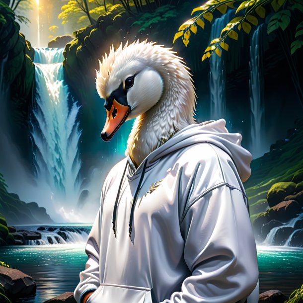 Imagem de um cisne em um hoodie na cachoeira