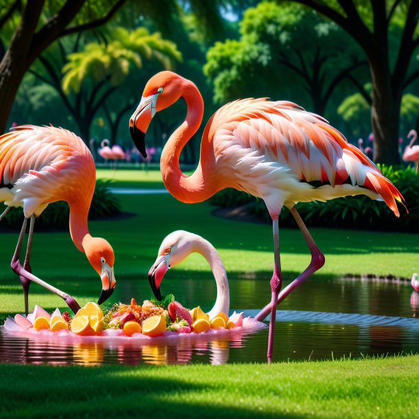 Um comer de um flamingo no parque