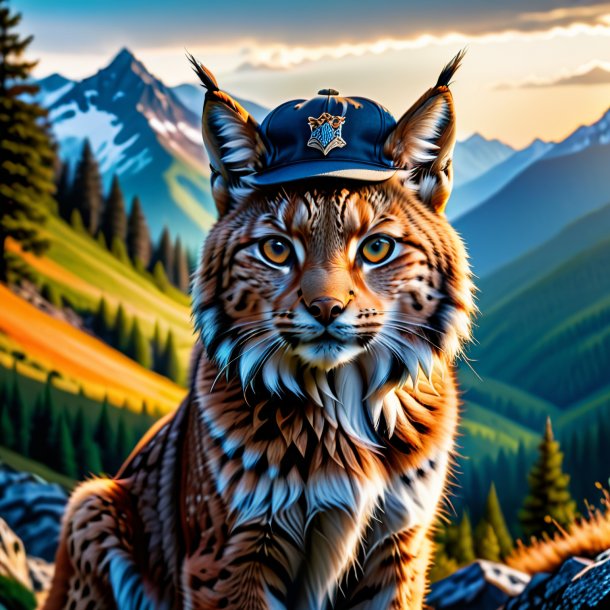 Photo of a lynx in a cap in the mountains