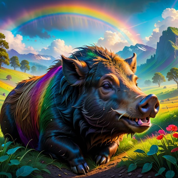 Image of a sleeping of a boar on the rainbow