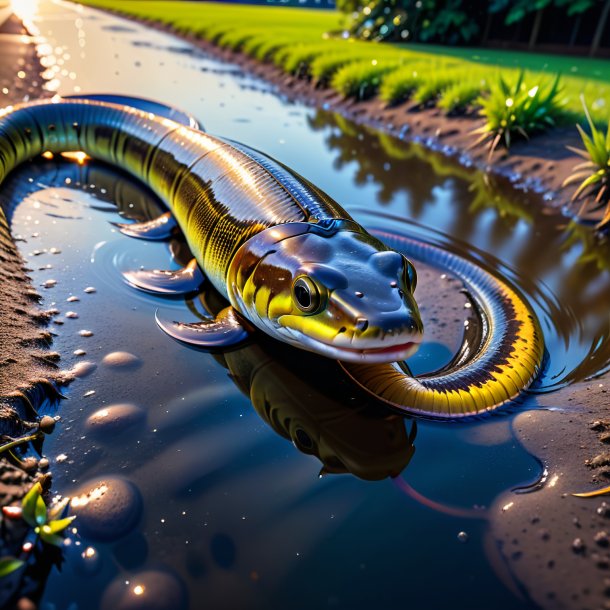 Image d'une anguille dans une ceinture dans la flaque