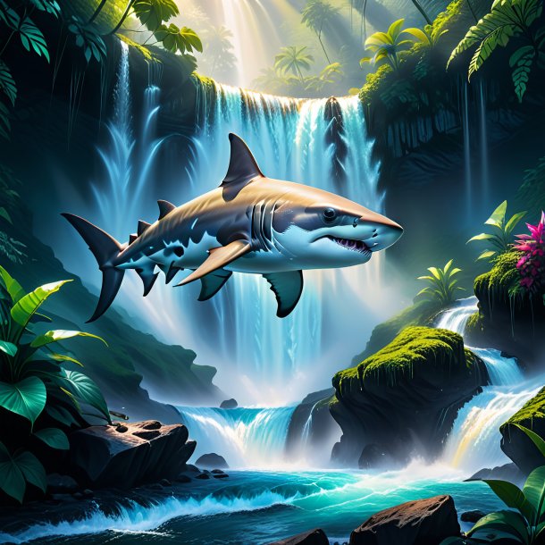 Drawing of a hammerhead shark in a gloves in the waterfall