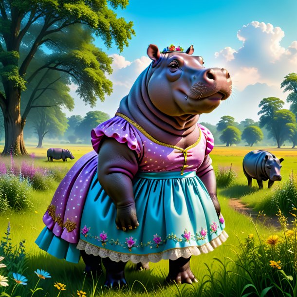 Picture of a hippopotamus in a dress in the meadow