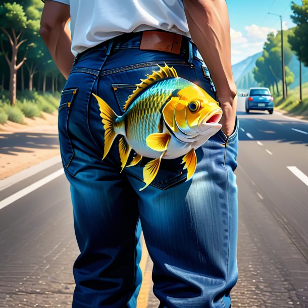 Drawing of a fish in a jeans on the road