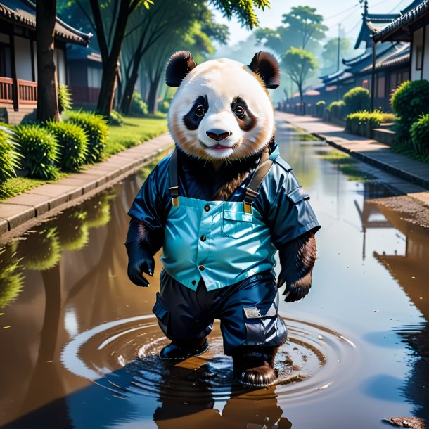 Picture of a giant panda in a trousers in the puddle