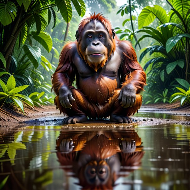 Image of a waiting of a orangutan in the puddle