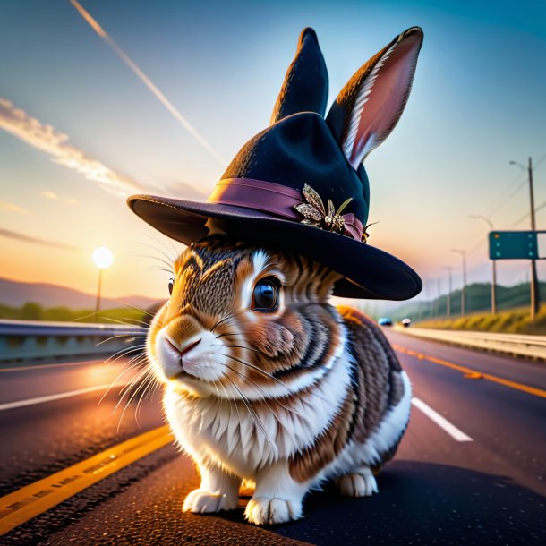 Foto de un conejo en un sombrero en la carretera