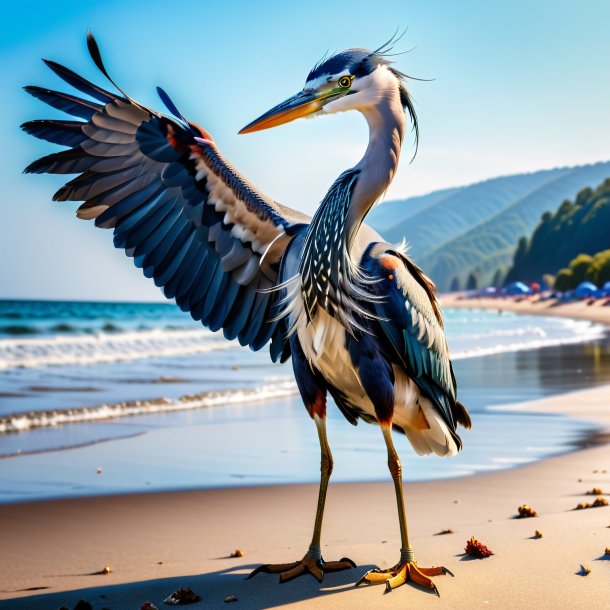 Image of a heron in a gloves on the beach