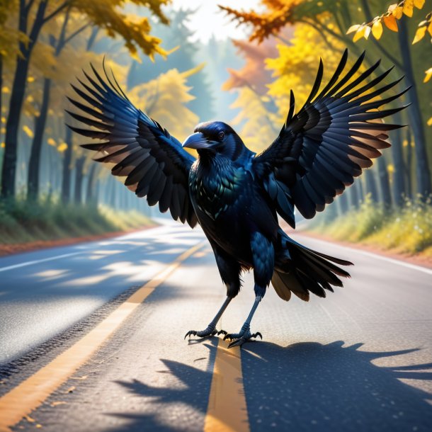 Image of a dancing of a crow on the road