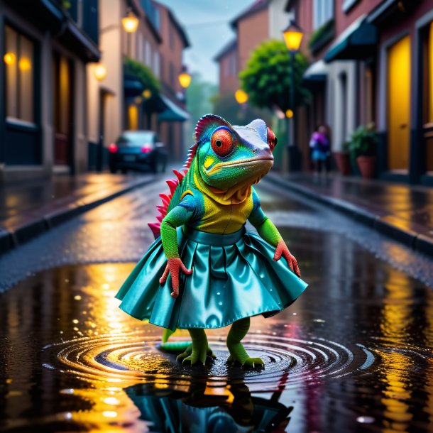 Foto de un camaleón en una falda en el charco